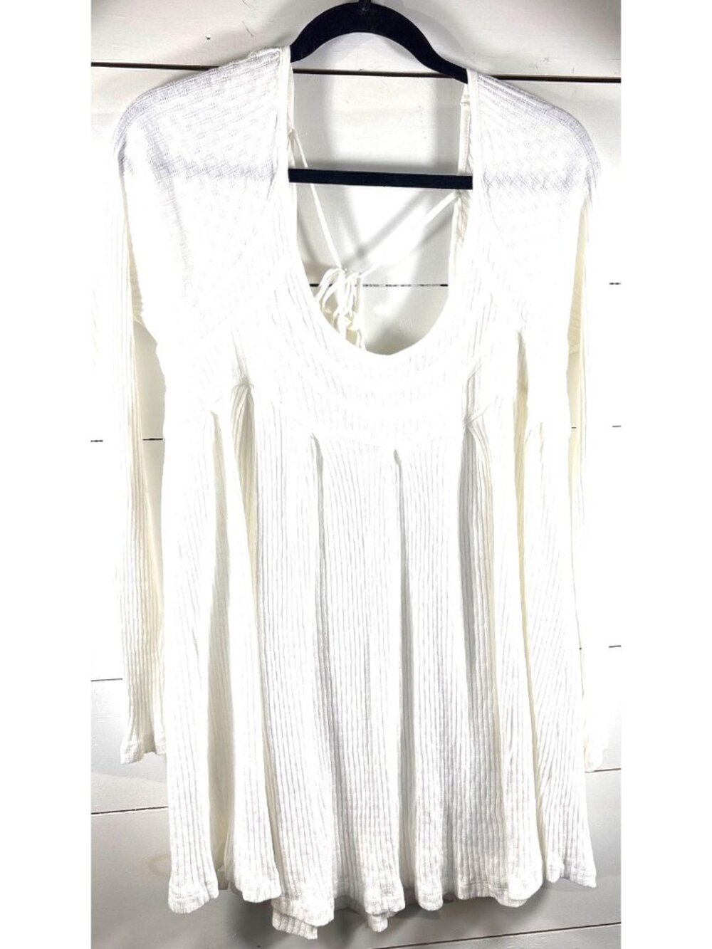 Free People White Long-Sleeve Cotton Tunic Dress With Tie-Back Detail Size M